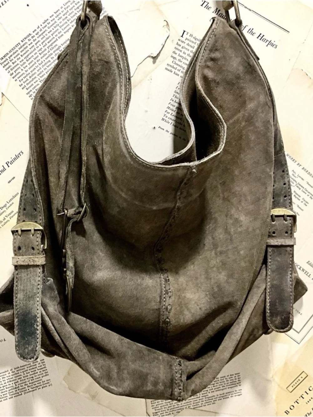 Free People We The Free Distressed Khaki Sandblast Suede Shoulder Bag Bucket - Picture 10 of 13